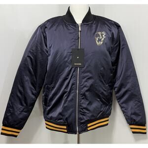 NEW Bravian Jacket Navy Blue Yellow Satin Bomber Varsity Coat Size 52 NWT $510